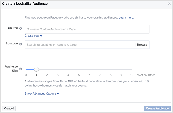 facebook dialog box for creating a lookalike audience 
