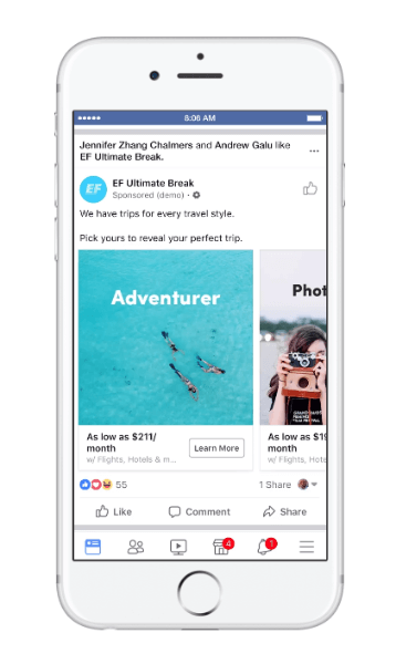 Facebook rolled out a new type of dymanic ad for travel called, trip consideration.