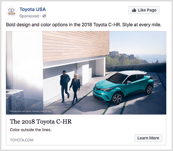 Facebook engagement ad from Toyota features turquoise Toyota C-HR and has a Learn More button.