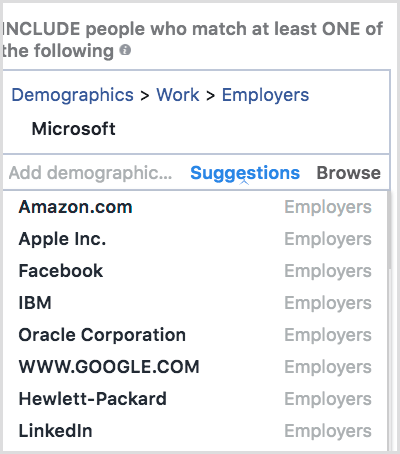 Facebook offers suggestions in the Detailed Targeting section.