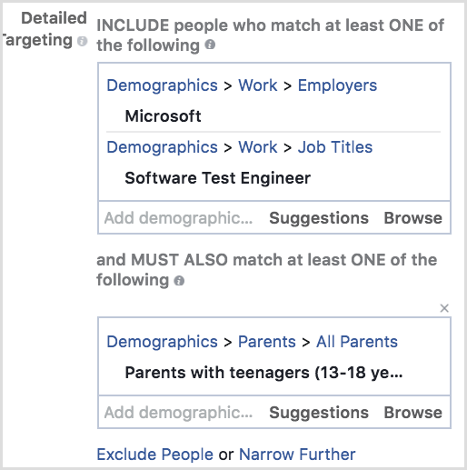 Click Narrow Further to refine the audience for your Facebook ad.