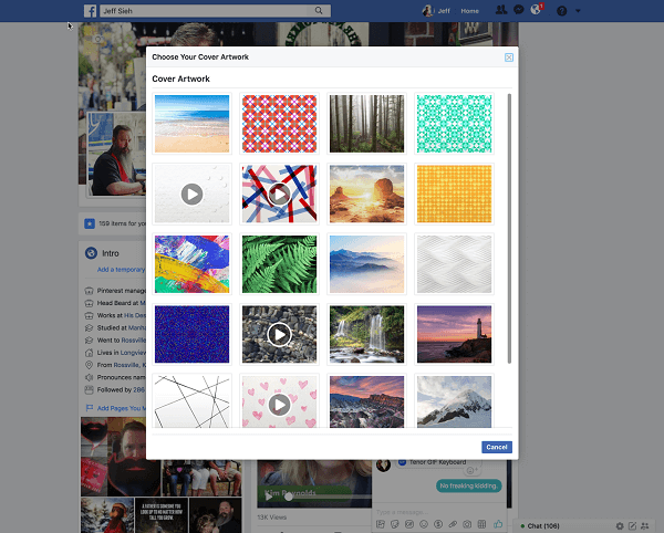Facebook now allows users to select a video for a profile cover image from the Artwork library. 
