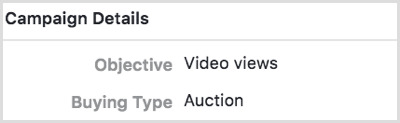 Select the Video Views objective for your Facebook campaign.