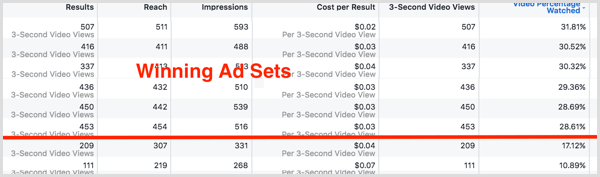 Look for Facebook ad sets with video views of 25% or higher.