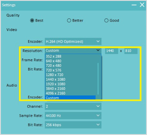 Filmora screen resolution settings