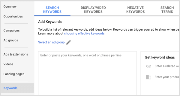 Google Adwords add keywords to ad group