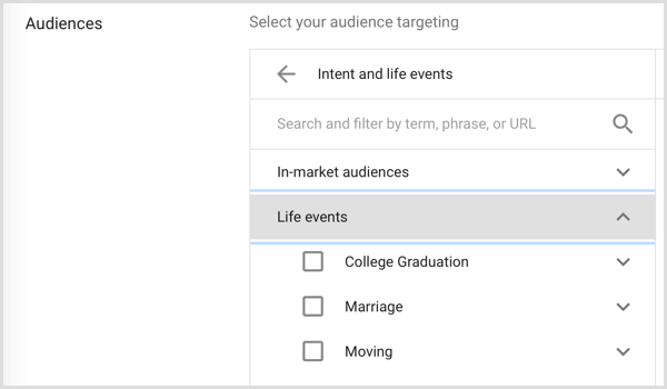 Google Adwords audience targeting life events