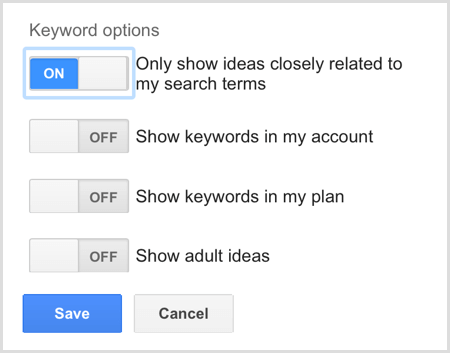Google AdWords Keyword Planner search keyword options