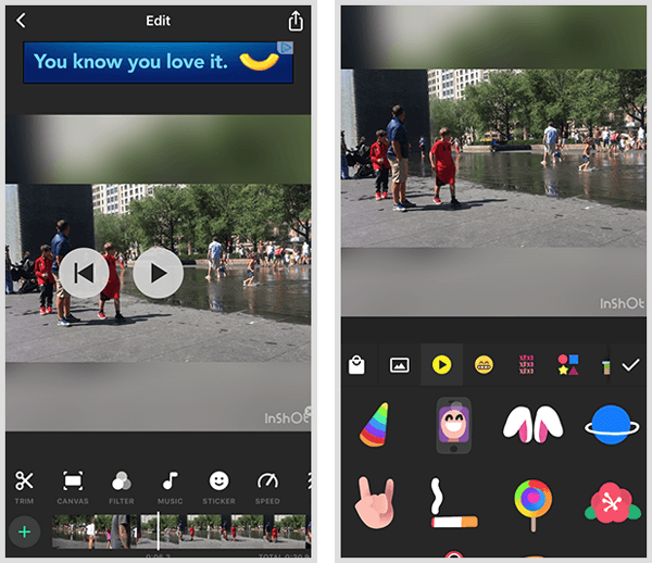 InShot video editing app includes a timeline and stickers. 