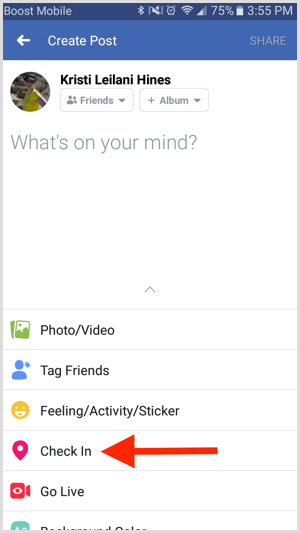 In the Facebook app, create a new post and tap Check In.
