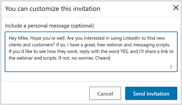 LinkedIn connection invitation with a personal message is based on John Nemo's four suggestions.