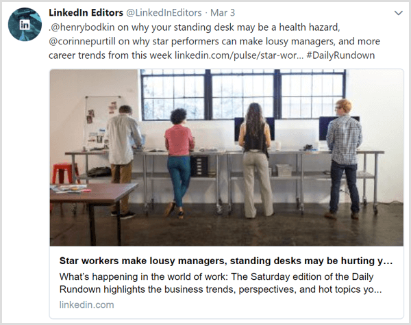 A tweet of daily articles from the LinkedIn Editors Twitter feed
