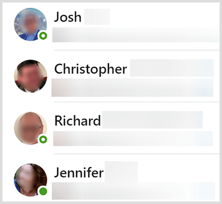 LinkedIn messaging contacts list shows a green dot next to users who are currently active.