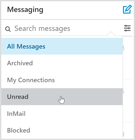 LinkedIn messaging inbox filters include an unread messages filter.