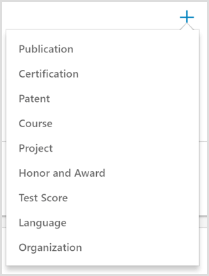 The options for adding an accomplishment to a LinkedIn profile