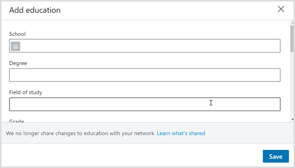 The Add Education dialog box on LinkedIn