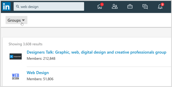 The search results on LinkedIn filtered to the Groups tab