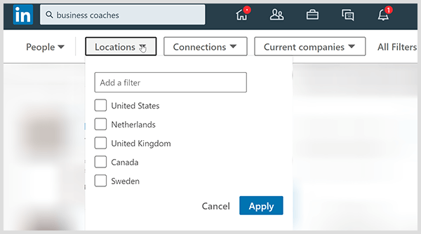 LinkedIn search results page has filters for location connections and company.