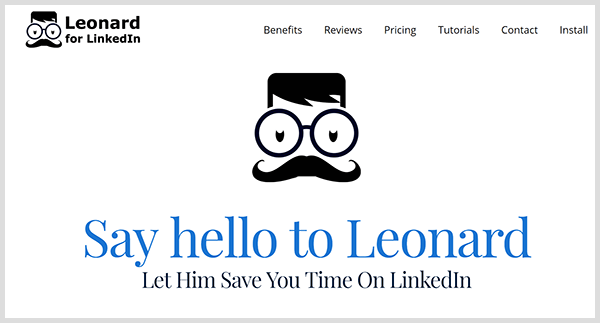 LinkedIn third-party tool Meet Leonard shows logo of man with glasses and mustache on the website's home page.