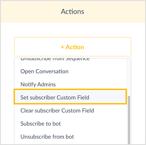 Choose Set Subscriber Custom Field in ManyChat.