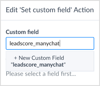 Enter a name to create a new custom field in ManyChat.