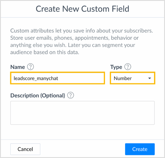 Choose a name and select a type in the Create New Custom Field dialog box in ManyChat.
