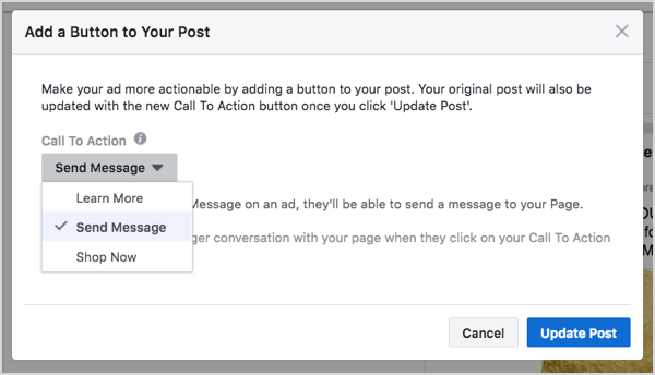 Facebook Messenger button selection in ad creation.