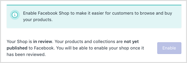 Shopify shows an online message that your Facebook shop is under review.