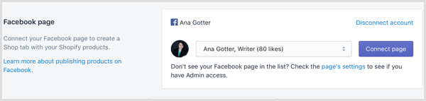 Click the Connect Page button in Shopify to connect your Facebook page.
