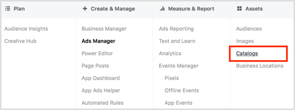 Click the Catalogs link in the Assets column in Facebook Ads Manager.