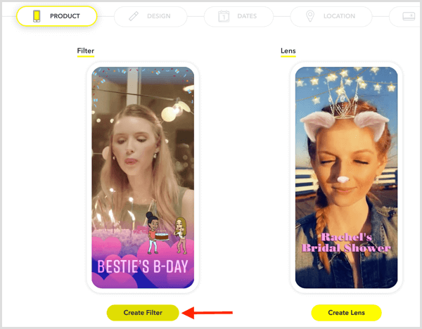 Klicken Sie auf Filter erstellen, um einen Snapchat-Geofilter für Ihre Veranstaltung einzurichten.