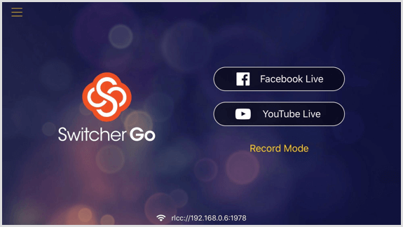 Switcher Go screen where you can connect your Facebook and YouTube accounts