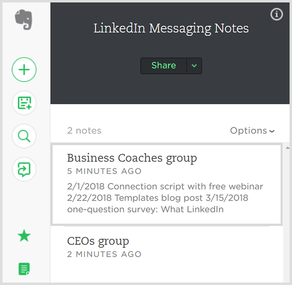 Track messages sent to groups of LinkedIn contacts in Evernote. 