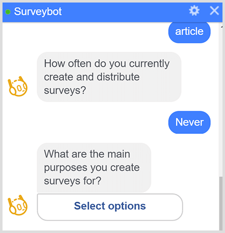 A messenger bot asks a series of survey questions.