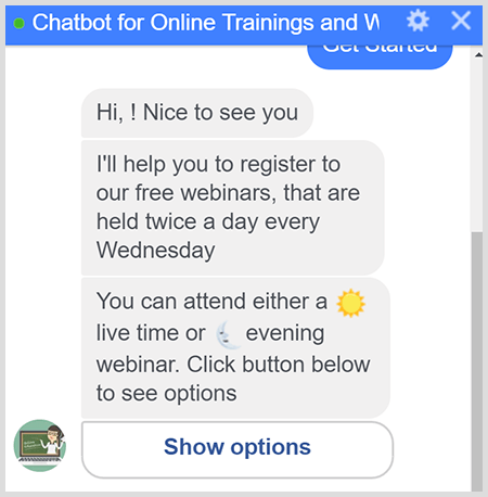 A Messenger bot guides user through webinar registration.