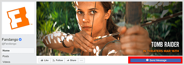 The Messenger button on the Fandango Facebook page allows you to chat with its Messenger bot.