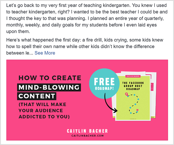 A Facebook post from Caitlin Bacher that shows an offer for her free Facebook Group Roadmap. The offer image has mostly black text on a pink background. The text Free Roadmap appears in a light blue circle and points to a cover of the roadmap.