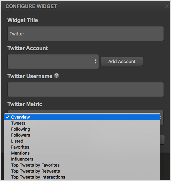 Cyfe configure Twitter widget