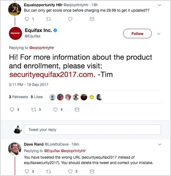 Equifax social post with incorrect URL.