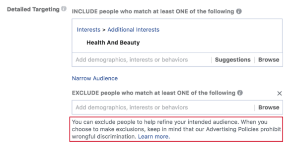 Facebook rolled out new prompts that remind advertisers about Facebook's anti-discrimination policies before they create an ad campaignand when using its exclusion tools.