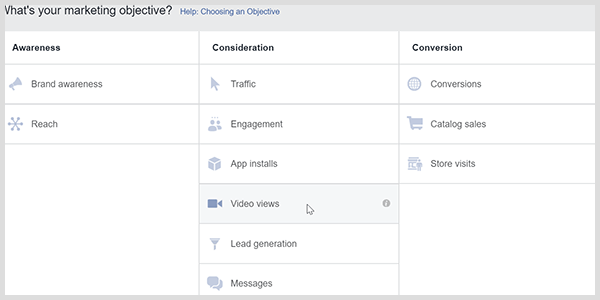 Facebook Ads Manager has a video views objective that prompts Facebook to target people who watch videos.