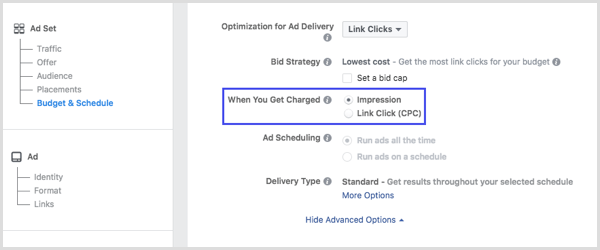 Choose Impression or Link Clicks (CPC) in the When You Get Charged section of your Facebook campaign setup.