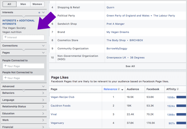 The Page Likes tab tells you which Facebook pages this audience is likely to follow.
