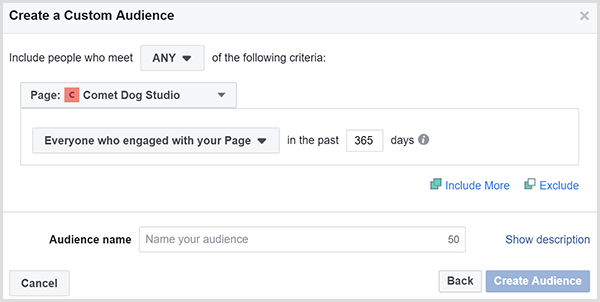 The Facebook Create a Custom Audience dialog box allows you to target ads to people who engaged with your website within a certain timeframe.