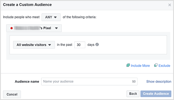 The Facebook Create a Custom Audience dialog box has an option for targeting ads to all website visitors within a certain number of days.