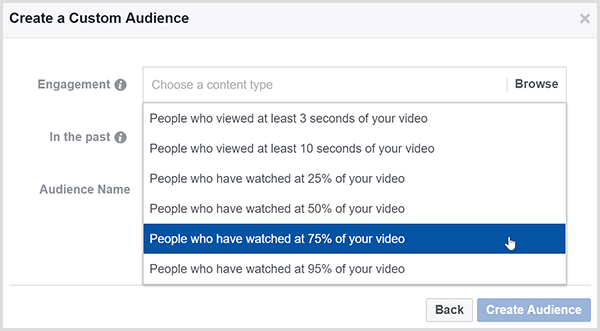 The Facebook Create a Custom Audience dialog box has options for targeting ads to people who watched a certain percentage of your video.