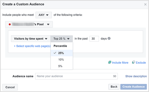 The Facebook Create a Custom Audience dialog box has options for targeting ads to the customers who spent the most amount of time on your website.