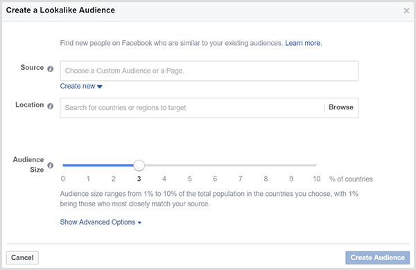 The Facebook Create a Lookalike Audience dialog box has an Audience Size slider.
