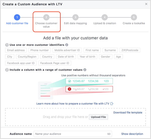 Facebook create custom audience with LTV