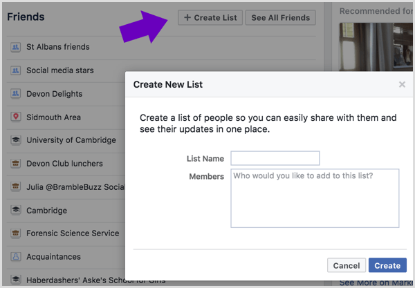 Enter a name for your Facebook friends list and select which friends to add.